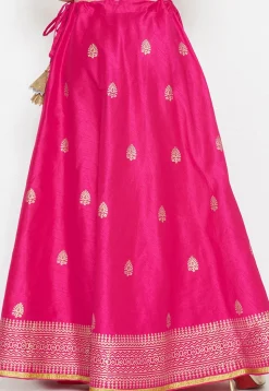 Golden Printed Dupion Silk Skirt in Fuchsia