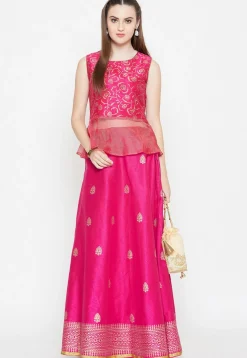 Golden Printed Dupion Silk Skirt in Fuchsia