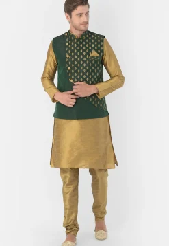 Golden Printed Dupion Silk Kurta Jacket Set in Golden and Green