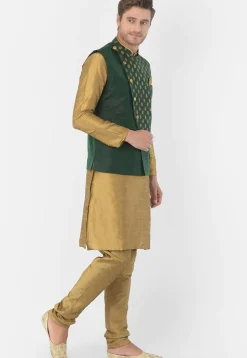 Golden Printed Dupion Silk Kurta Jacket Set in Golden and Green