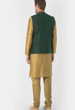 Golden Printed Dupion Silk Kurta Jacket Set in Golden and Green