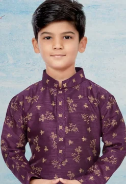 Golden Printed Dupion Silk Kurta Set in Purple