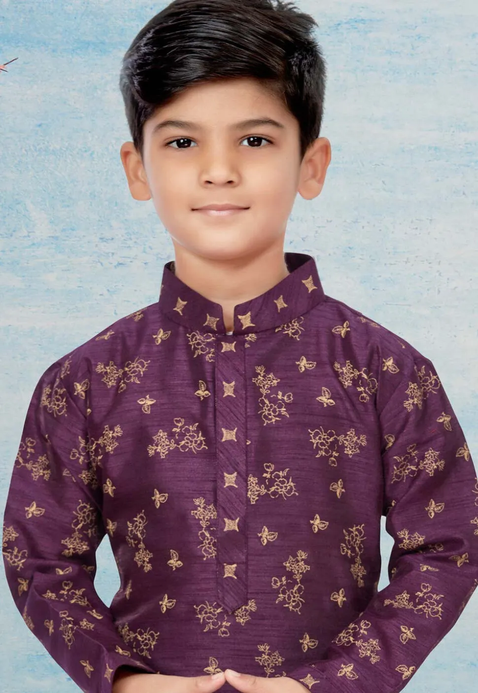Golden Printed Dupion Silk Kurta Set in Purple