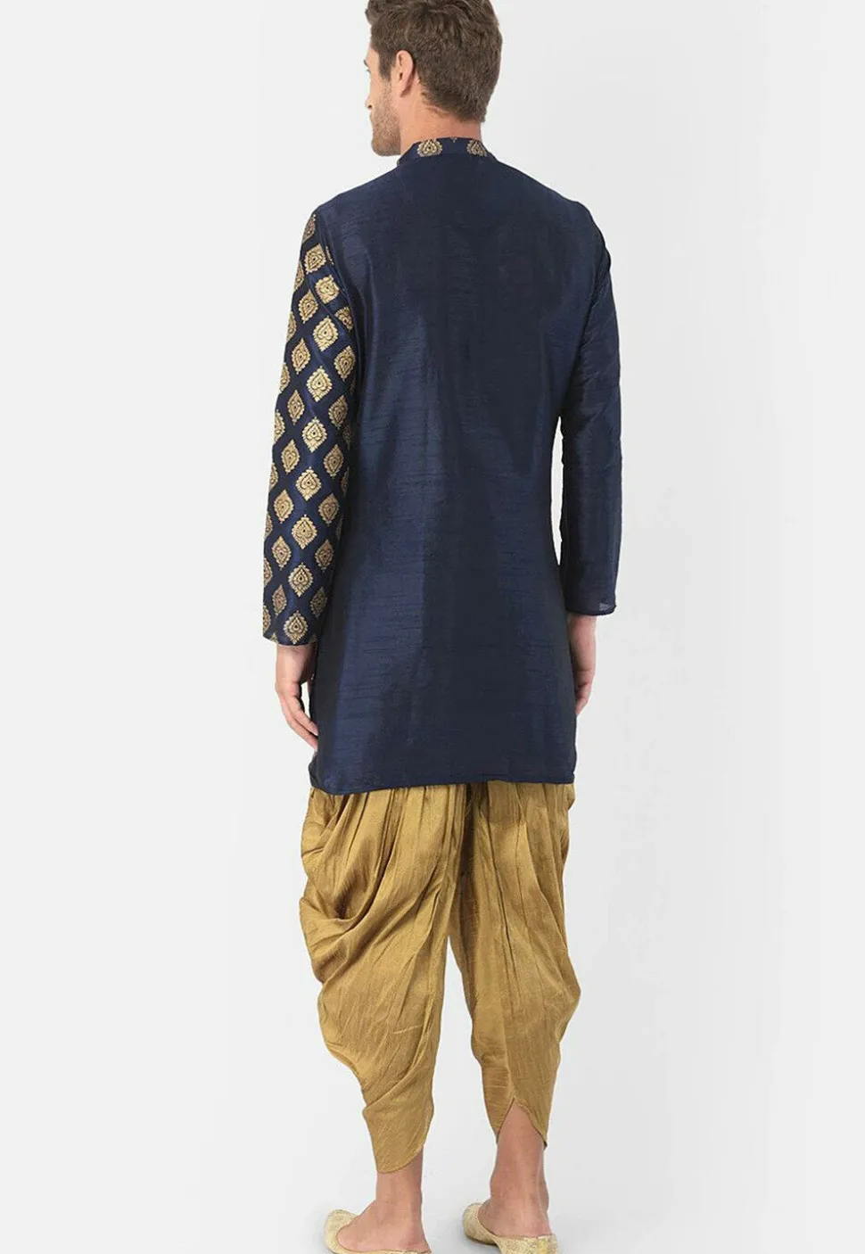 Golden Printed Dupion Silk Dhoti Kurta in Navy Blue