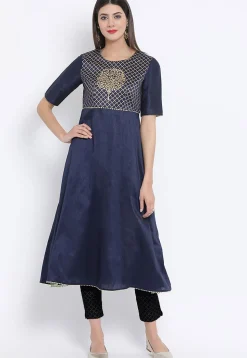 Golden Printed Dupion Silk A Line Kurta in Navy Blue