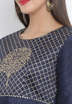 Golden Printed Dupion Silk A Line Kurta in Navy Blue