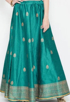 Golden Printed Dupion Silk Skirt in Teal Blue