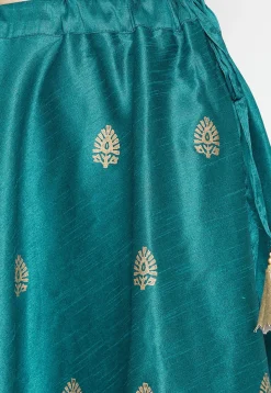 Golden Printed Dupion Silk Skirt in Teal Blue