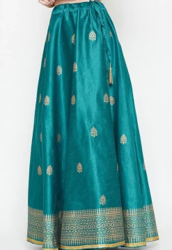 Golden Printed Dupion Silk Skirt in Teal Blue
