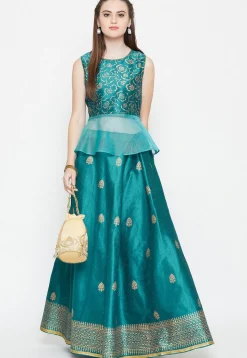 Golden Printed Dupion Silk Skirt in Teal Blue