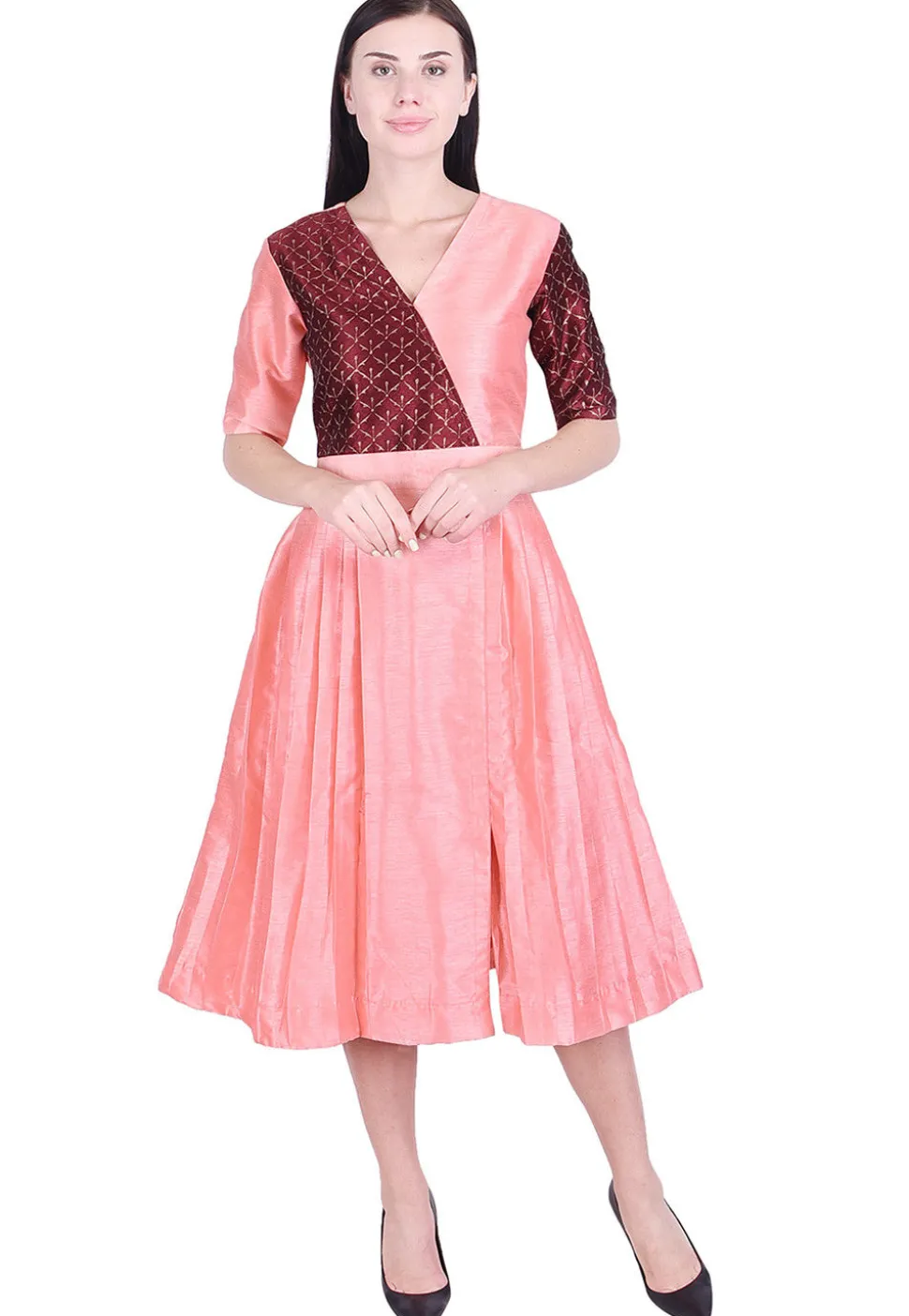 Golden Printed Dupion Silk Pleated Dress in Peach