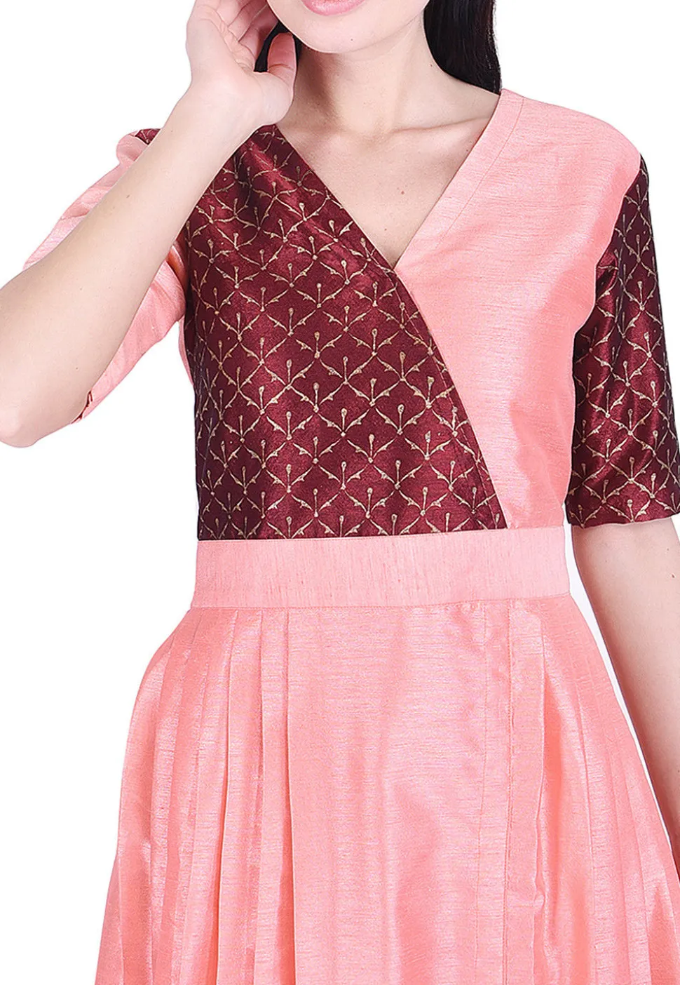 Golden Printed Dupion Silk Pleated Dress in Peach