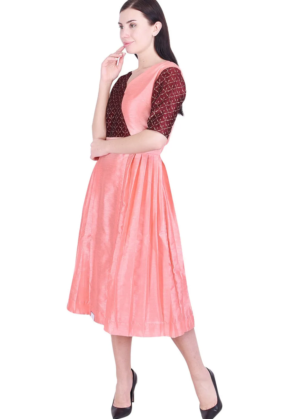 Golden Printed Dupion Silk Pleated Dress in Peach