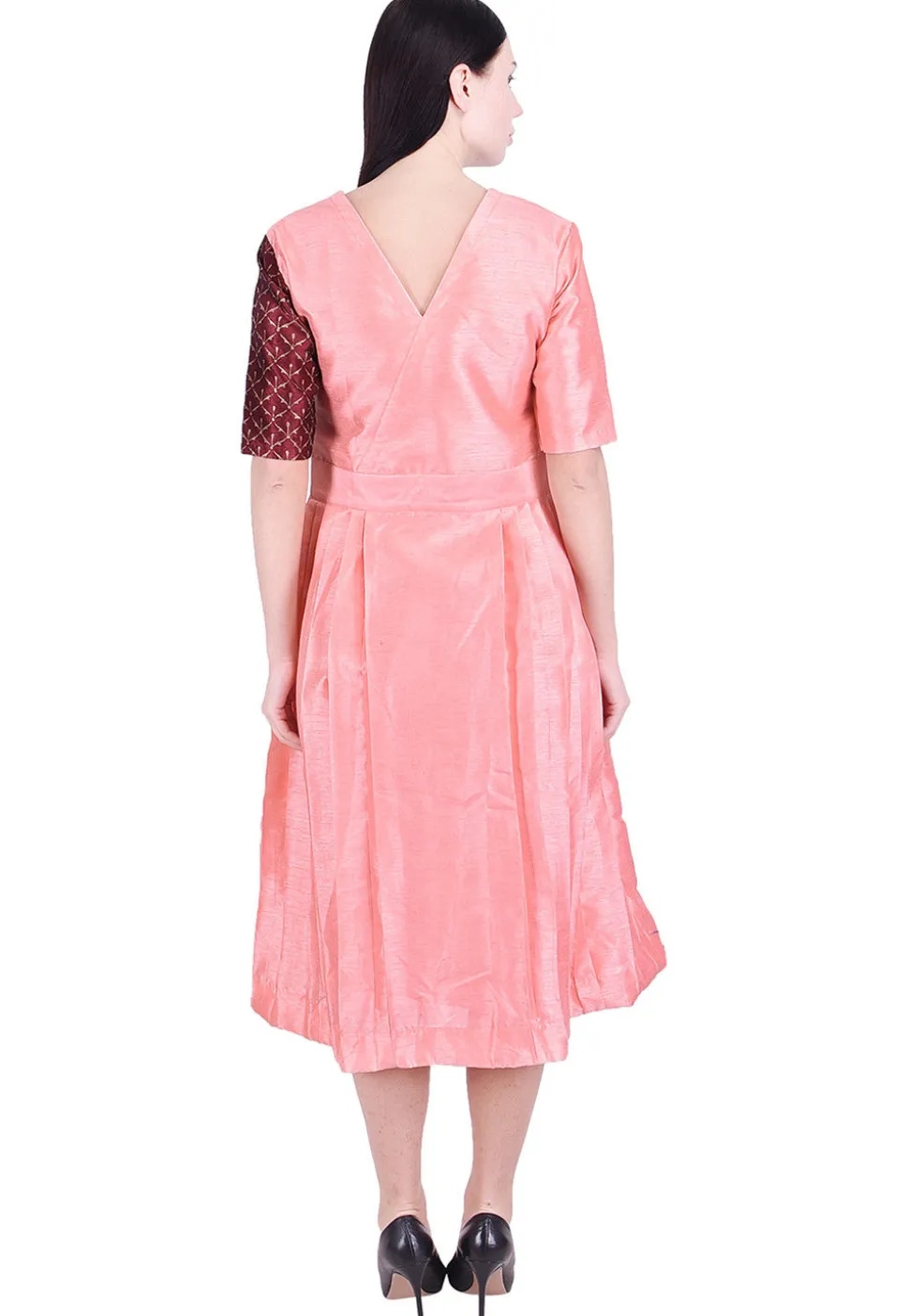 Golden Printed Dupion Silk Pleated Dress in Peach