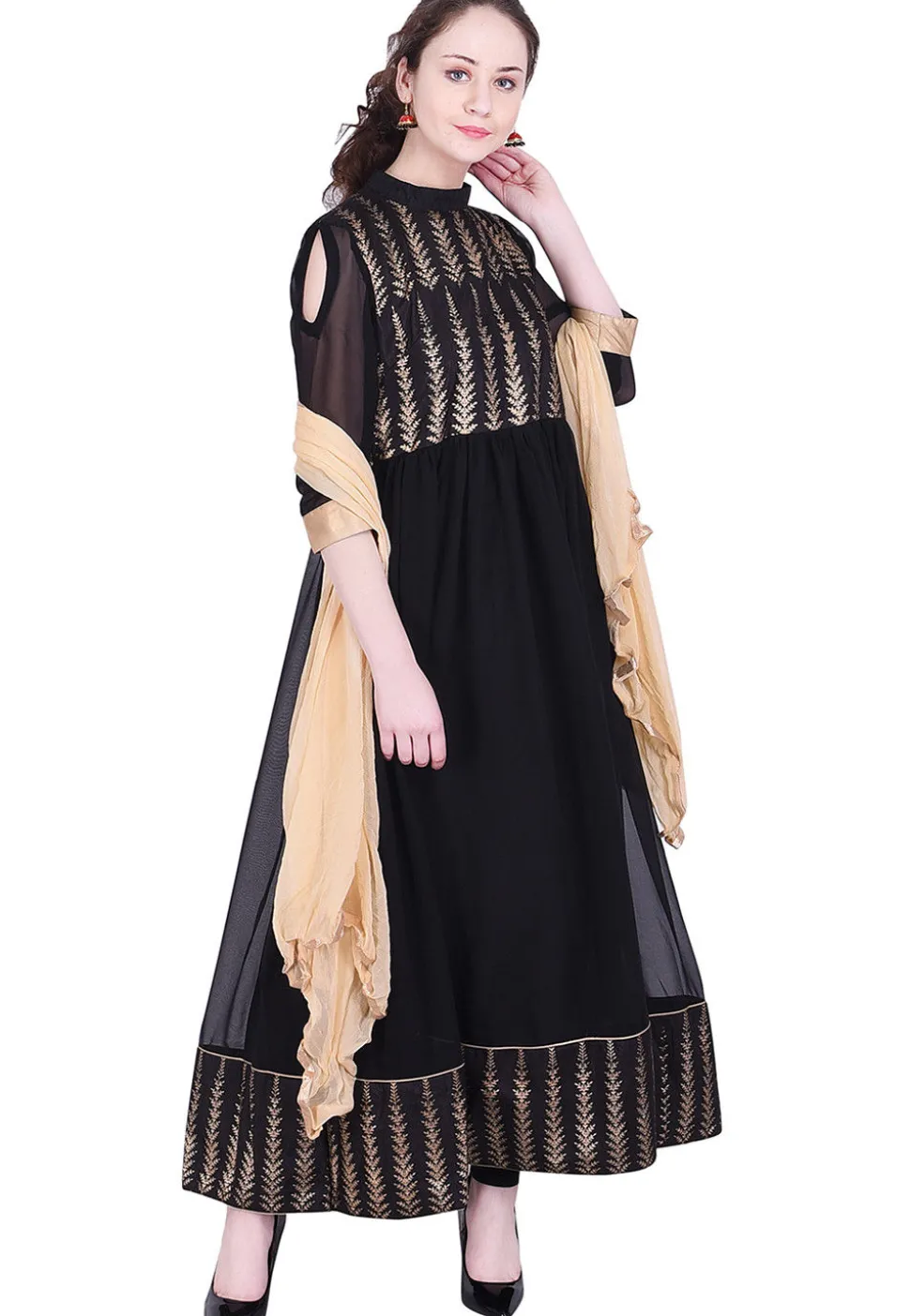 Golden Printed Georgette Anarkali Suit in Black