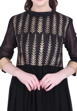 Golden Printed Georgette Anarkali Suit in Black