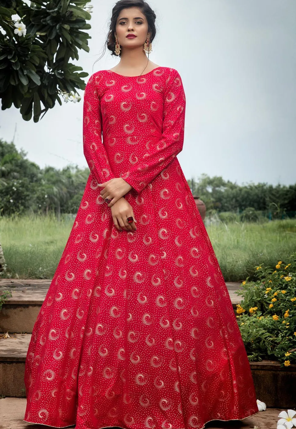 Golden Printed Georgette Flared Gown in Fuchsia