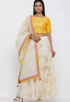 Golden Printed Kota Silk Lehenga in Off White