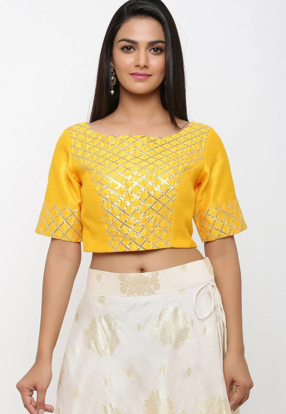 Golden Printed Kota Silk Lehenga in Off White