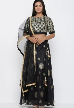 Golden Printed Kota Silk Lehenga in Black