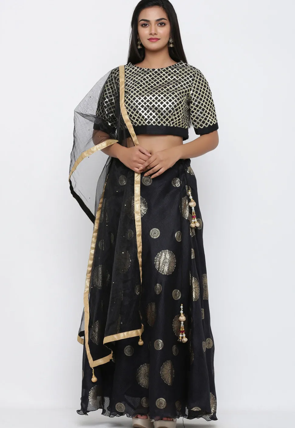 Golden Printed Kota Silk Lehenga in Black