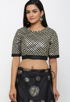 Golden Printed Kota Silk Lehenga in Black