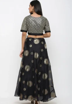 Golden Printed Kota Silk Lehenga in Black