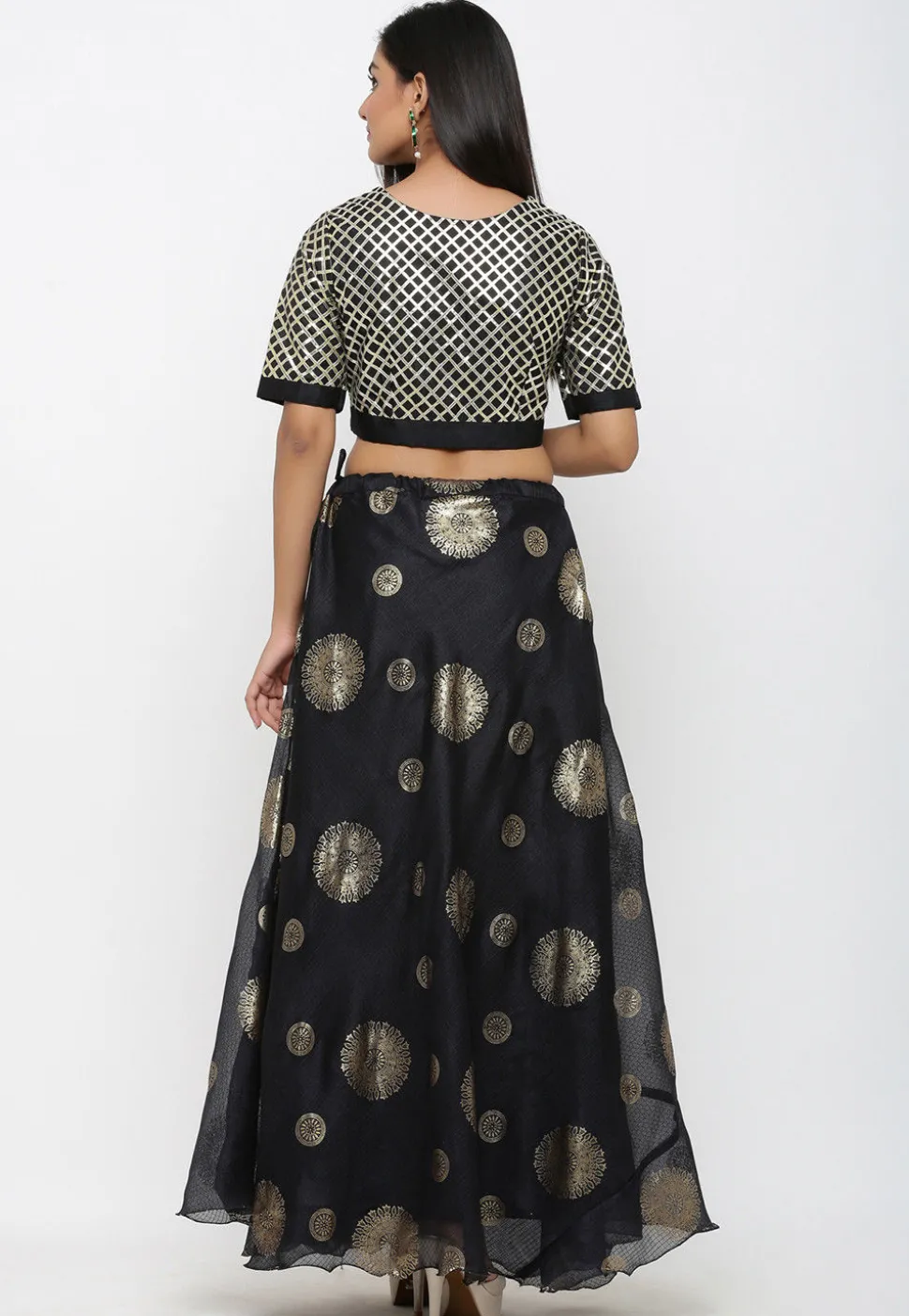 Golden Printed Kota Silk Lehenga in Black