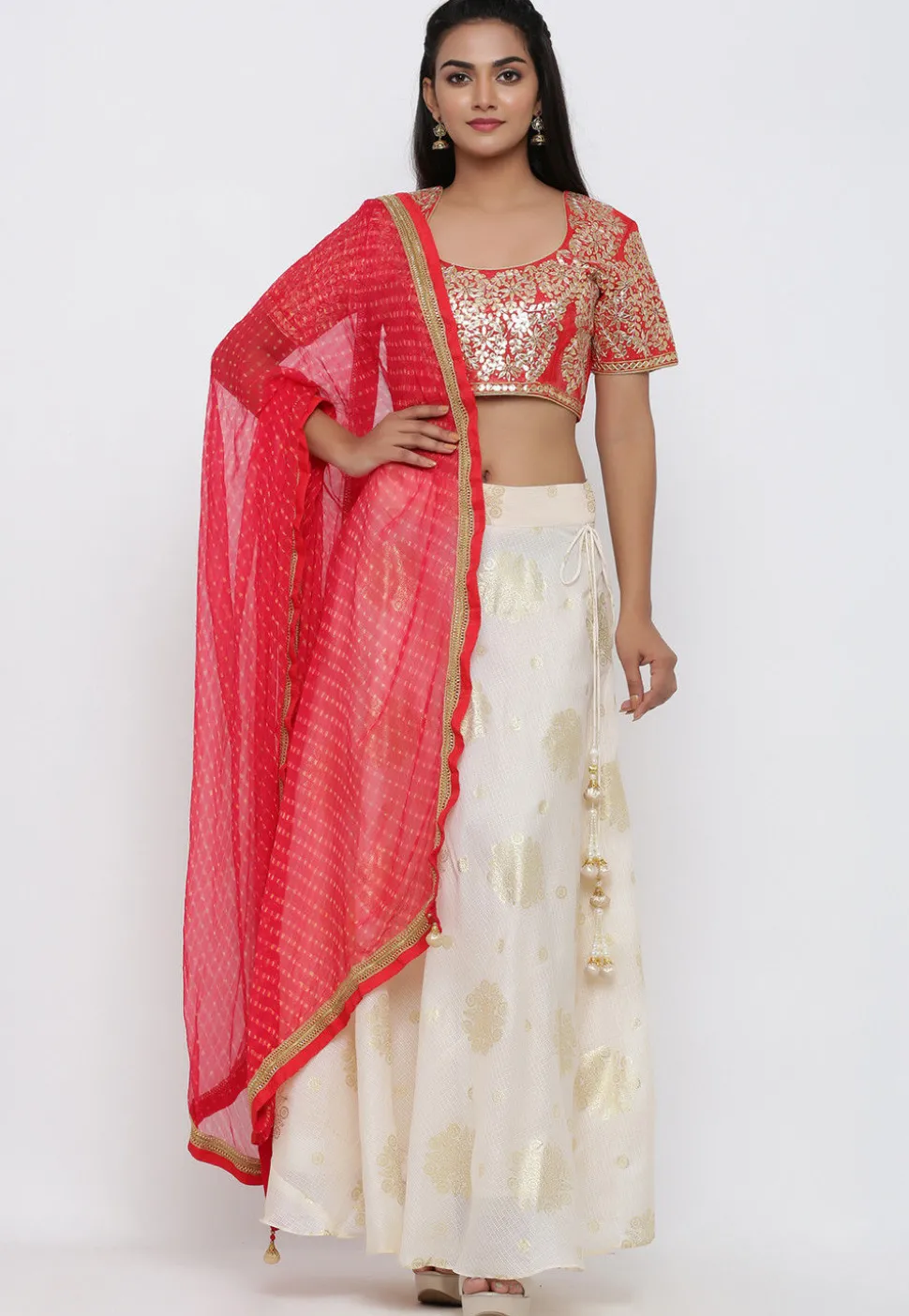 Golden Printed Kota Silk Lehenga in Off White