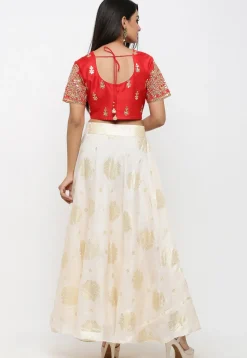 Golden Printed Kota Silk Lehenga in Off White