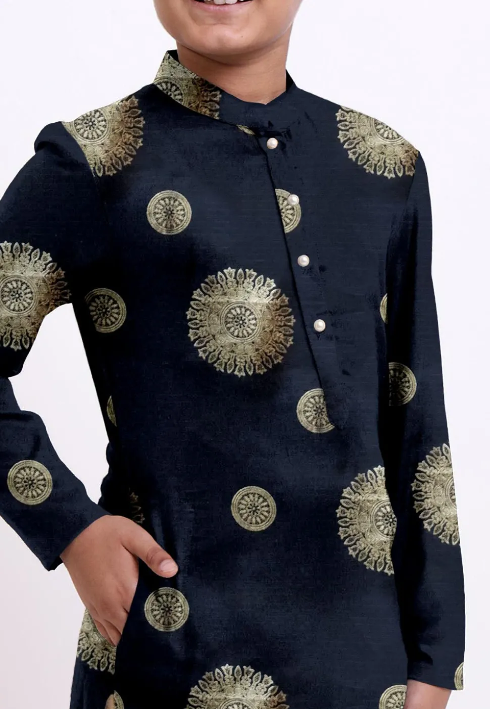 Golden Printed Kota Silk Kurta Set in Black