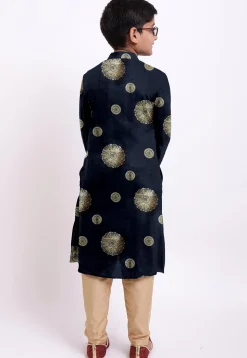 Golden Printed Kota Silk Kurta Set in Black