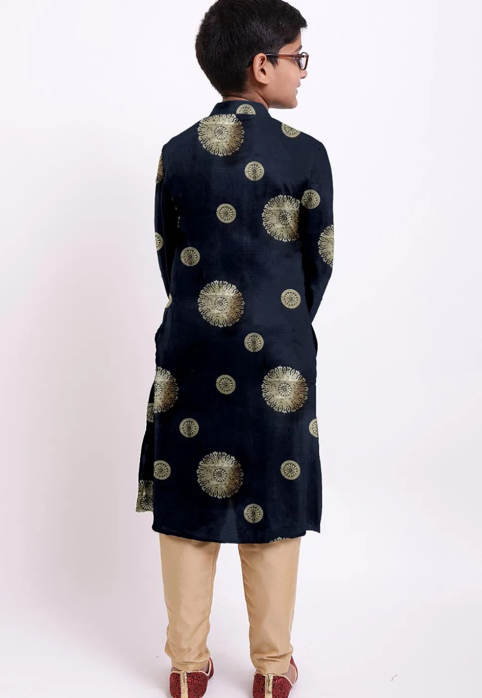 Golden Printed Kota Silk Kurta Set in Black