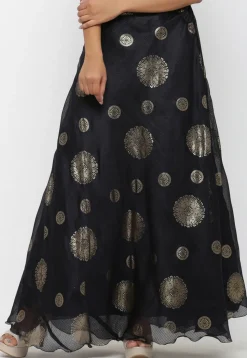 Golden Printed Kota Silk Long Skirt in Black