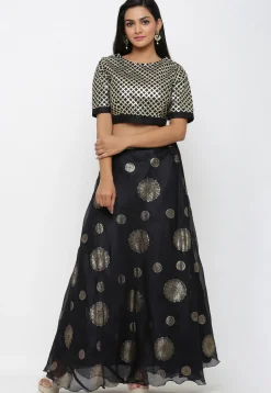 Golden Printed Kota Silk Long Skirt in Black