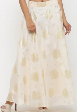 Golden Printed Kota Silk Long Skirt in Off White