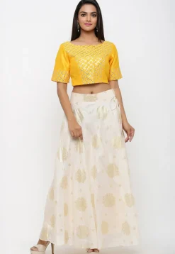 Golden Printed Kota Silk Long Skirt in Off White