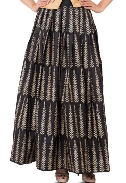 Golden Printed Pleated Dupion silk Skirt in Black