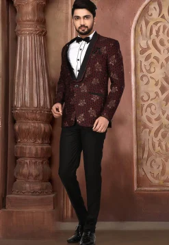 Golden Printed Polyester Lycra Tuxedo in Black and Maroon