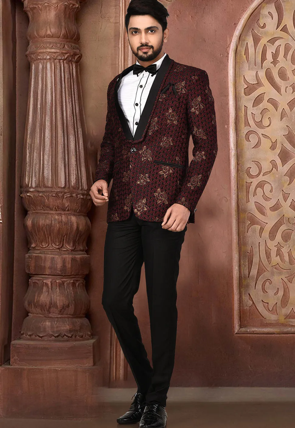 Golden Printed Polyester Lycra Tuxedo in Black and Maroon