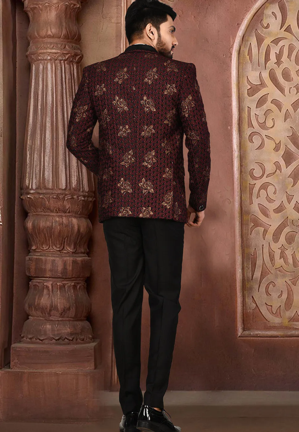 Golden Printed Polyester Lycra Tuxedo in Black and Maroon