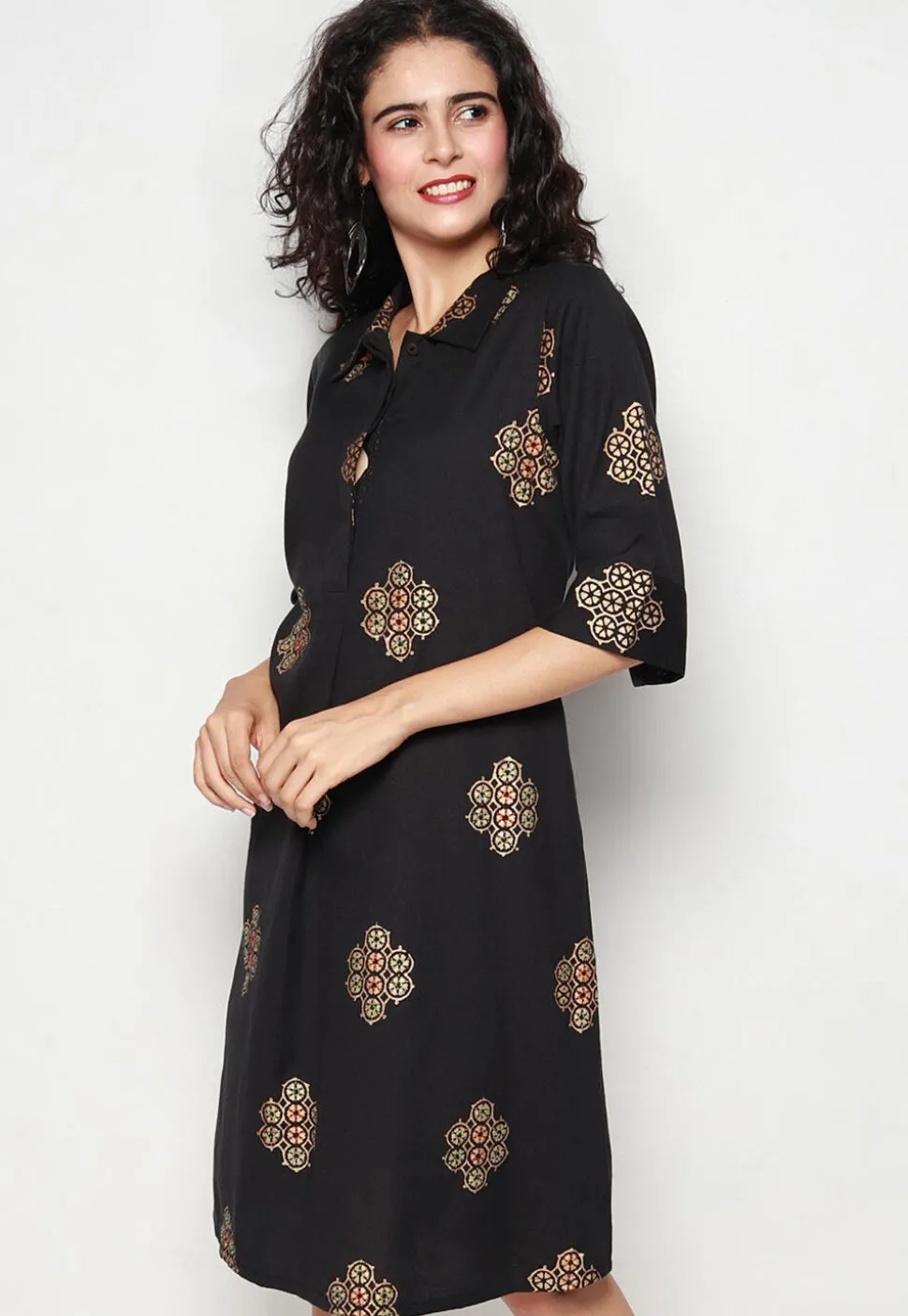 Golden Printed Pure Cotton Aline Dress in Black
