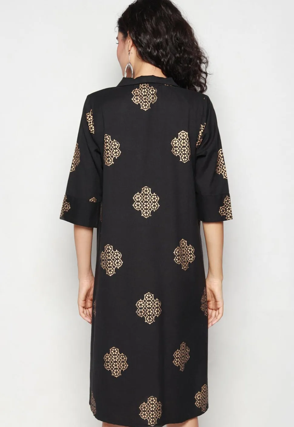 Golden Printed Pure Cotton Aline Dress in Black