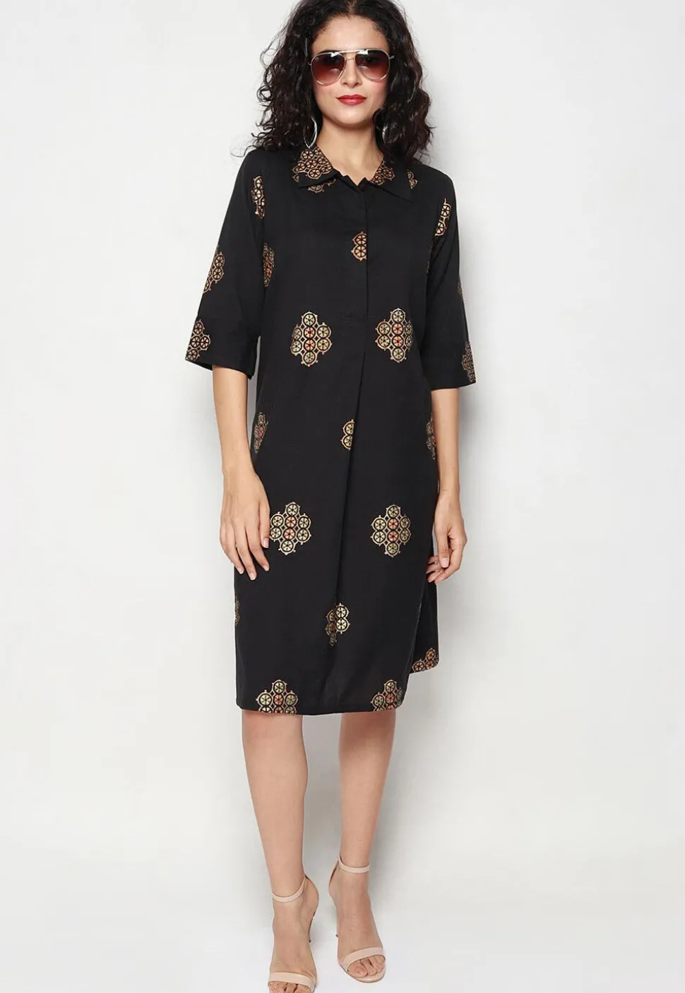 Golden Printed Pure Cotton Aline Dress in Black