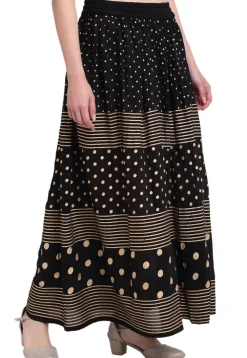 Golden Printed Pure Cotton Skirt in Black