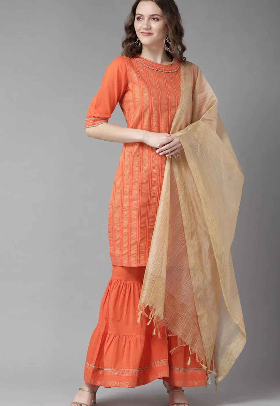 Golden Printed Pure Cotton Pakistani Suit in Orange
