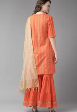 Golden Printed Pure Cotton Pakistani Suit in Orange