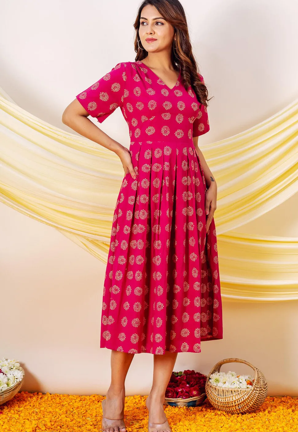 Golden Printed Pure Cotton Midi Dress in Fuchsia