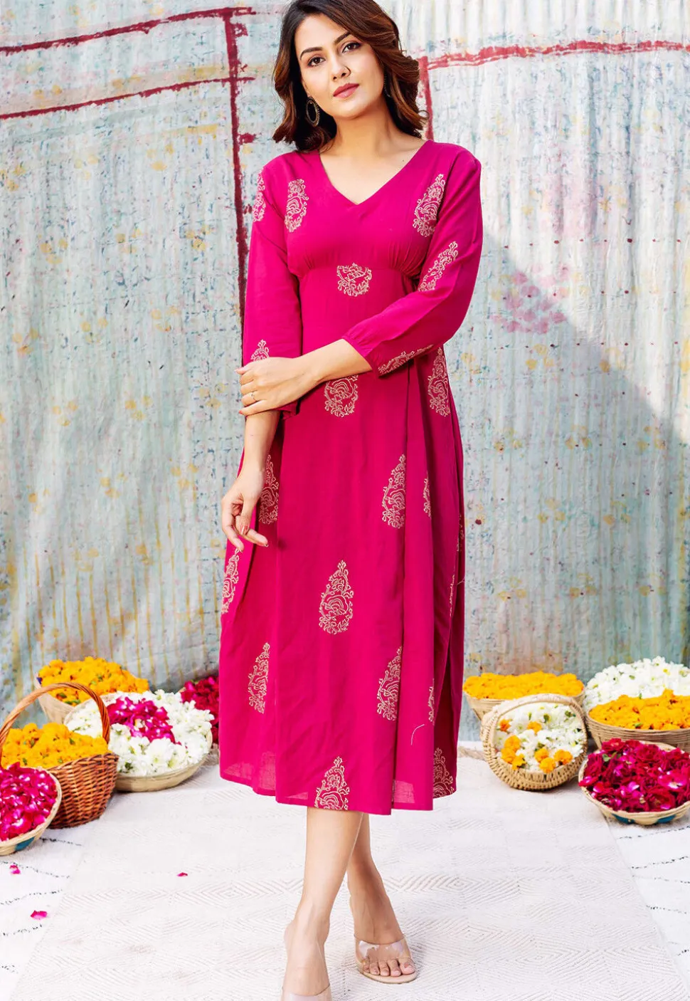Golden Printed Pure Cotton Midi Dress in Fuchsia