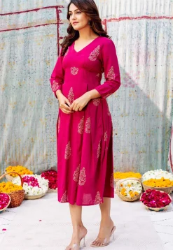 Golden Printed Pure Cotton Midi Dress in Fuchsia